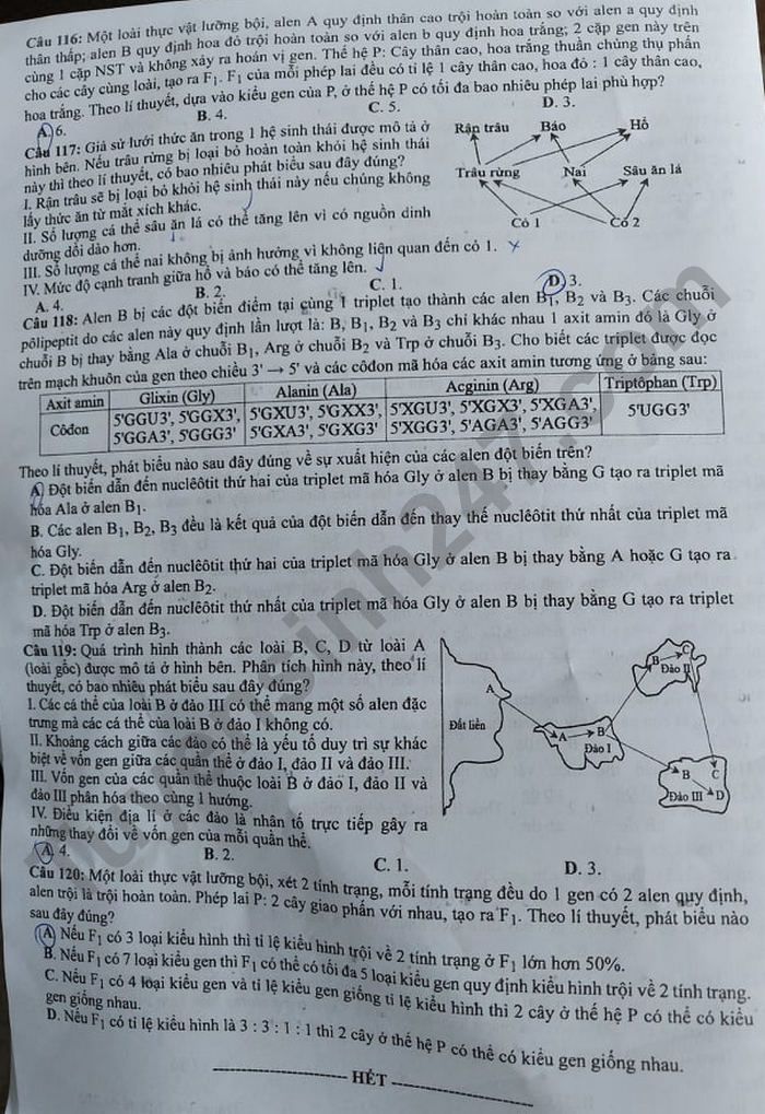 Dap an de thi tot nghiep THPT 2021 - mon Sinh ma de 202