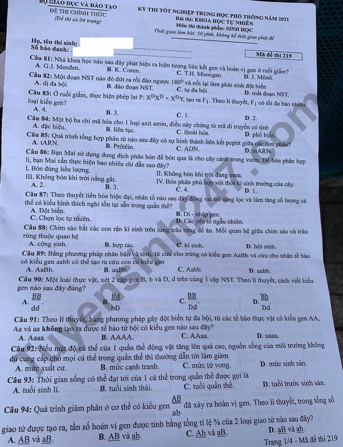 Dap an de thi tot nghiep THPT 2021 ma de 219 mon Sinh