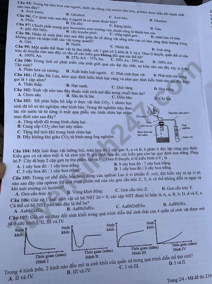 Dap an de thi tot nghiep THPT 2021 ma de 219 mon Sinh