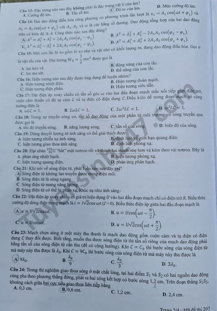 Dap an de thi tot nghiep THPT 2021 - mon Ly ma de 207