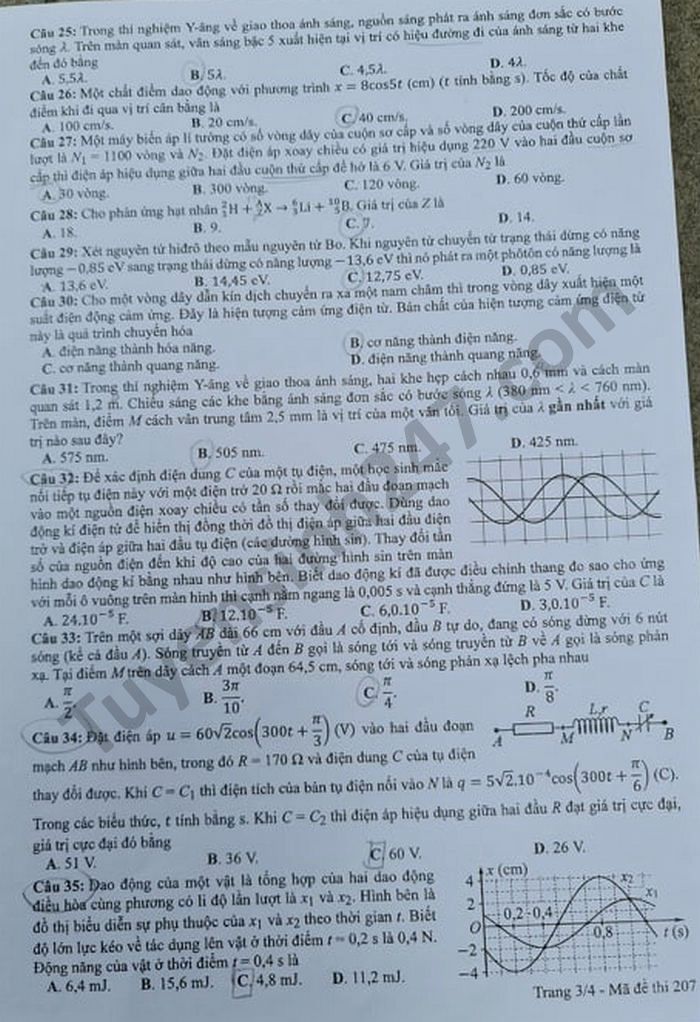 Dap an de thi tot nghiep THPT 2021 - mon Ly ma de 207