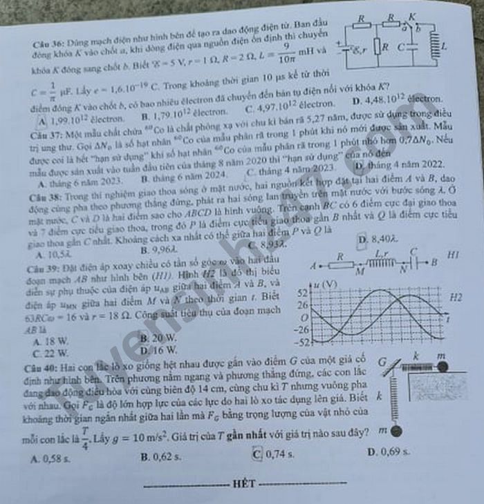 Dap an de thi tot nghiep THPT 2021 - mon Ly ma de 207