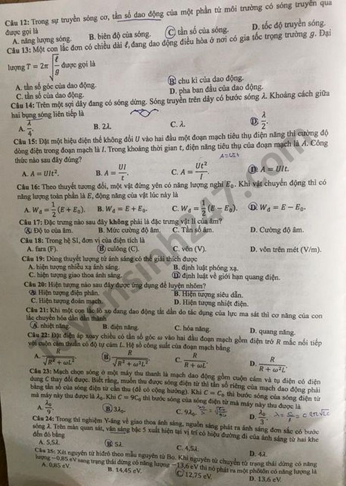 Dap an de thi mon Ly tot nghiep THPT - ma de 217 nam 2021