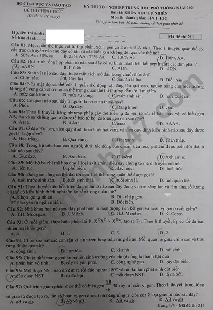 Dap an de thi mon Sinh - ma de 211 tot nghiep THPT 2021