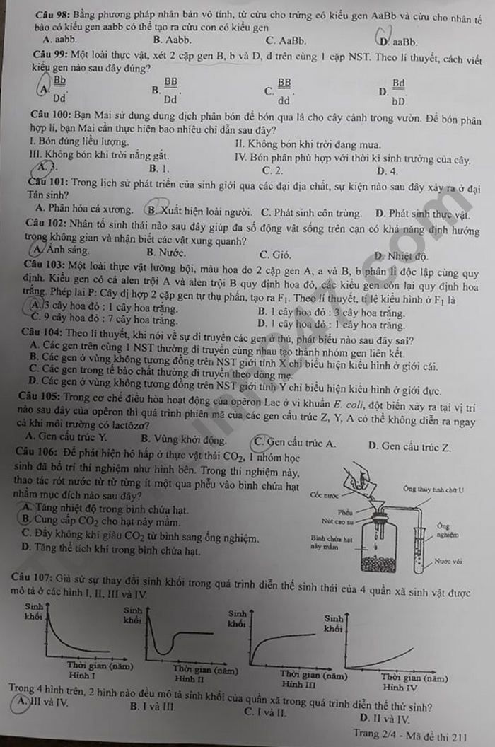 Dap an de thi mon Sinh - ma de 211 tot nghiep THPT 2021