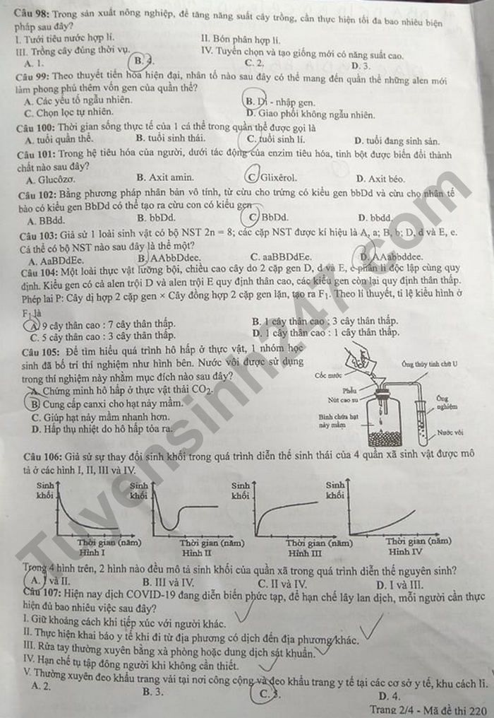 Dap an de thi mon Sinh tot nghiep THPT nam 2021 - Ma de 220