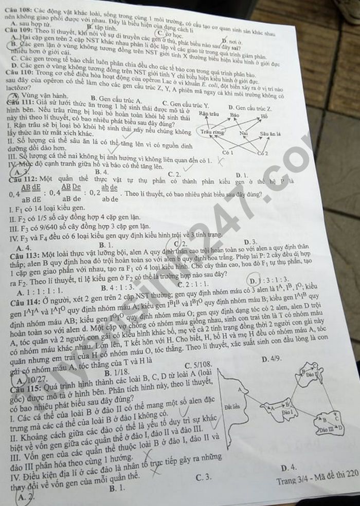 Dap an de thi mon Sinh tot nghiep THPT nam 2021 - Ma de 220