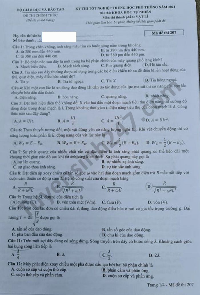 Dap an de thi tot nghiep THPT 2021 - mon Ly ma de 207