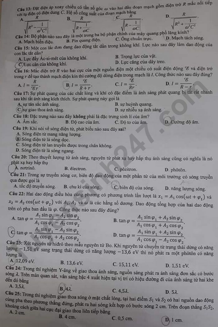 Dap an de thi mon Ly tot nghiep THPT 2021 - Ma de 208