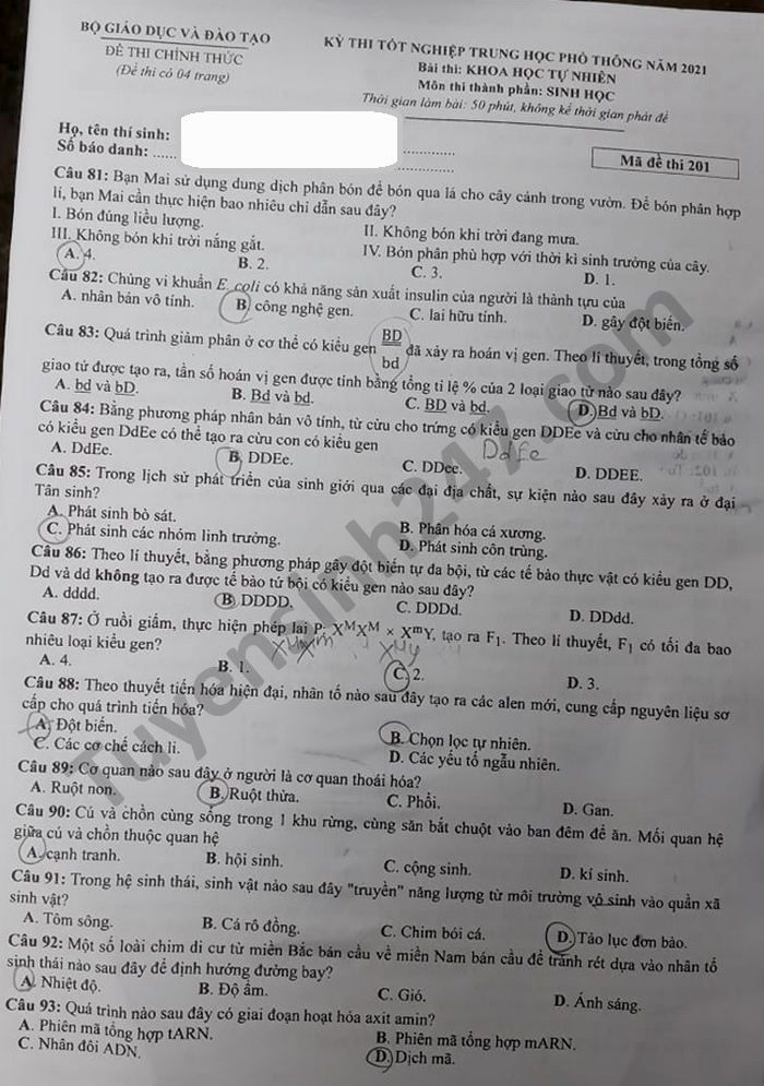 Dap an de thi mon Sinh tot nghiep THPT 2021 - Ma de 201
