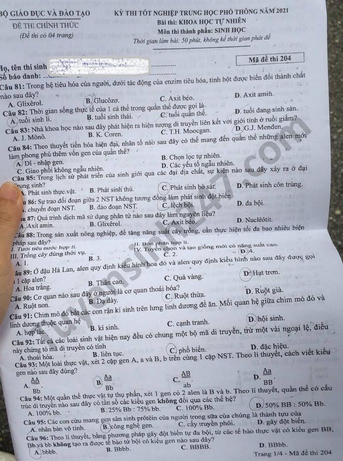 Dap an de thi tot nghiep THPT 2021 ma de 204 mon Sinh