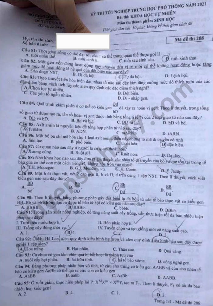 Dap an de thi mon Sinh tot nghiep THPT 2021 - ma de 208