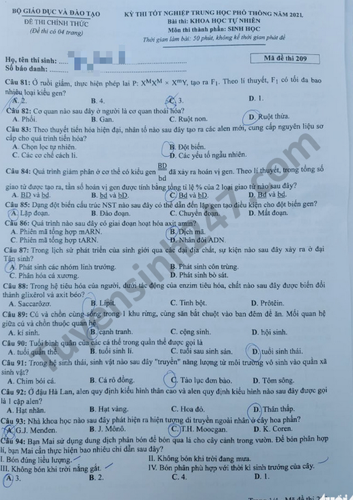 Dap an mon Sinh - Ma de 209 thi tot nghiep THPT 2021