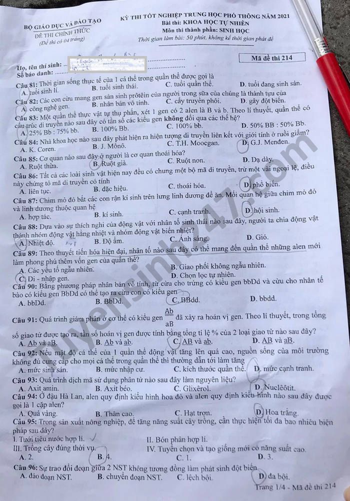 Dap an de thi tot nghiep THPT ma de 214 mon Sinh 2021