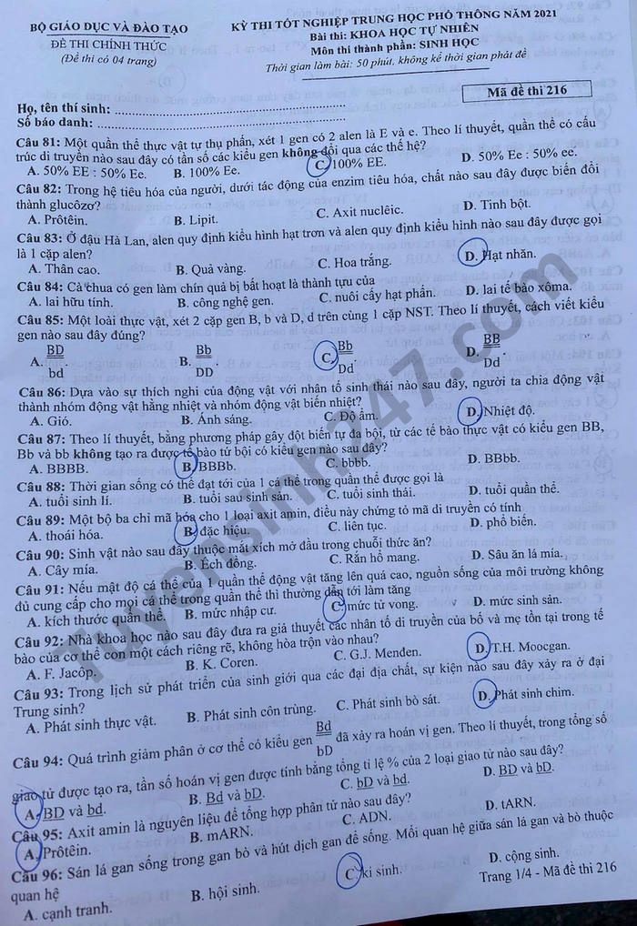 Dap an de thi tot nghiep THPT 2021 - ma de 216 mon Sinh