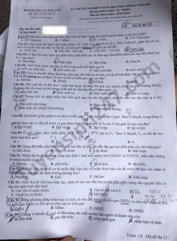 Dap an de thi mon Sinh - Ma de 223 tot nghiep THPT 2021
