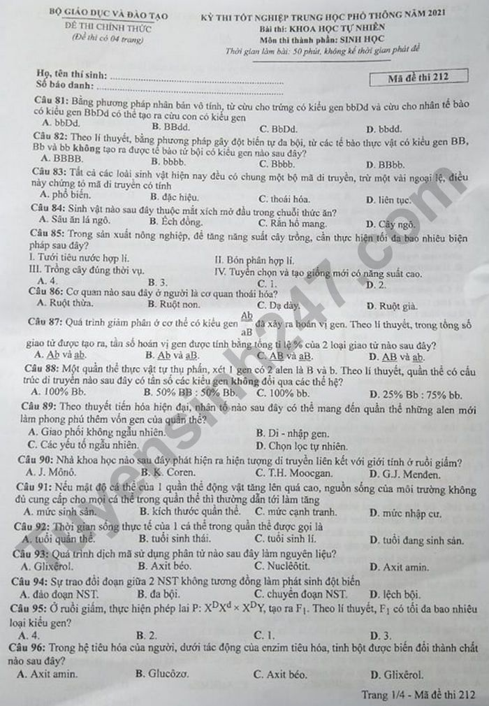 Dap an de thi tot nghiep THPT nam 2021 - mon Sinh ma de 212