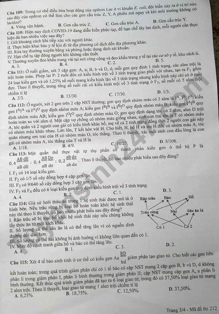 Dap an de thi tot nghiep THPT nam 2021 - mon Sinh ma de 212