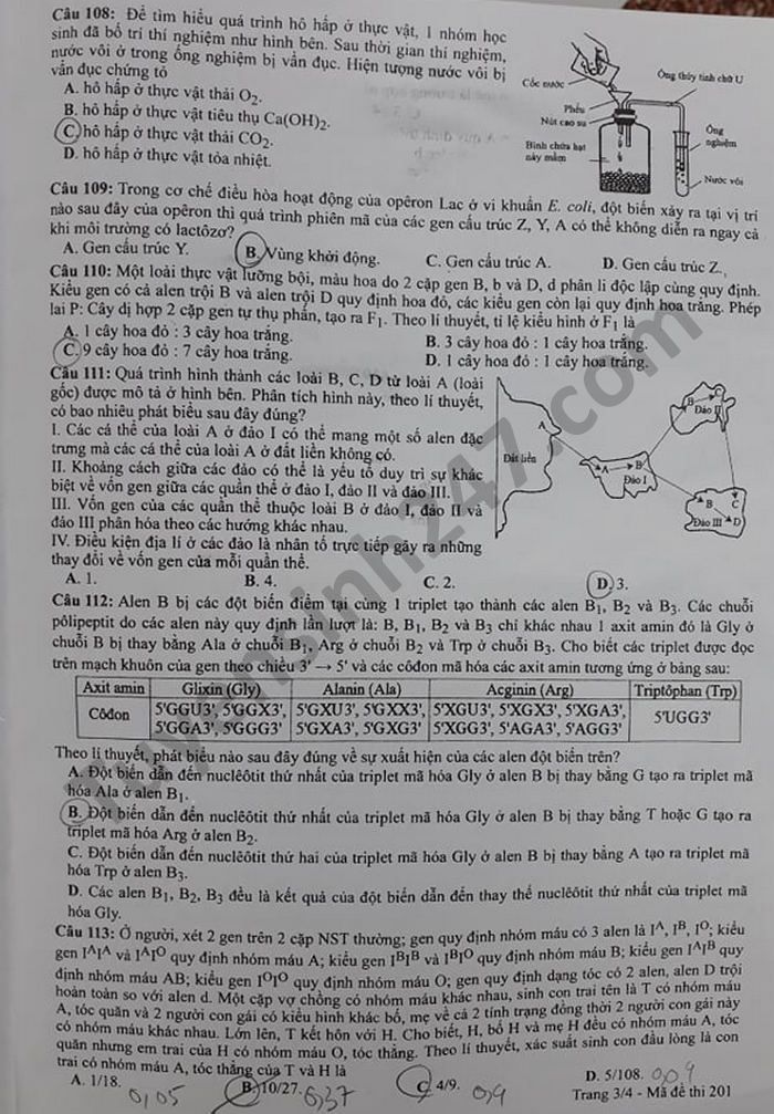 Dap an de thi mon Sinh tot nghiep THPT 2021 - Ma de 201