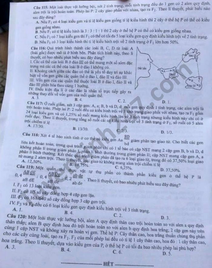 Dap an de thi mon Sinh tot nghiep THPT 2021 - ma de 208