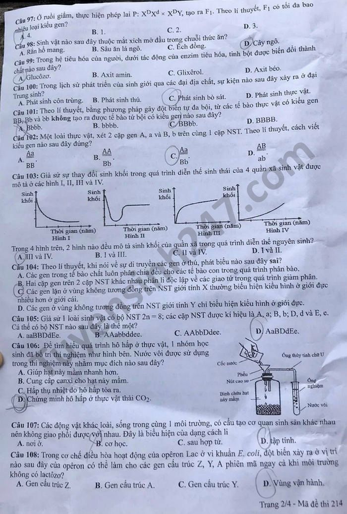 Dap an de thi tot nghiep THPT ma de 214 mon Sinh 2021