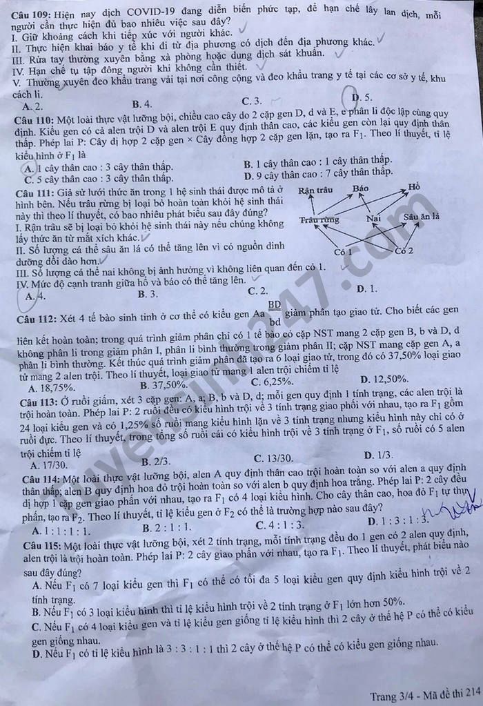 Dap an de thi tot nghiep THPT ma de 214 mon Sinh 2021