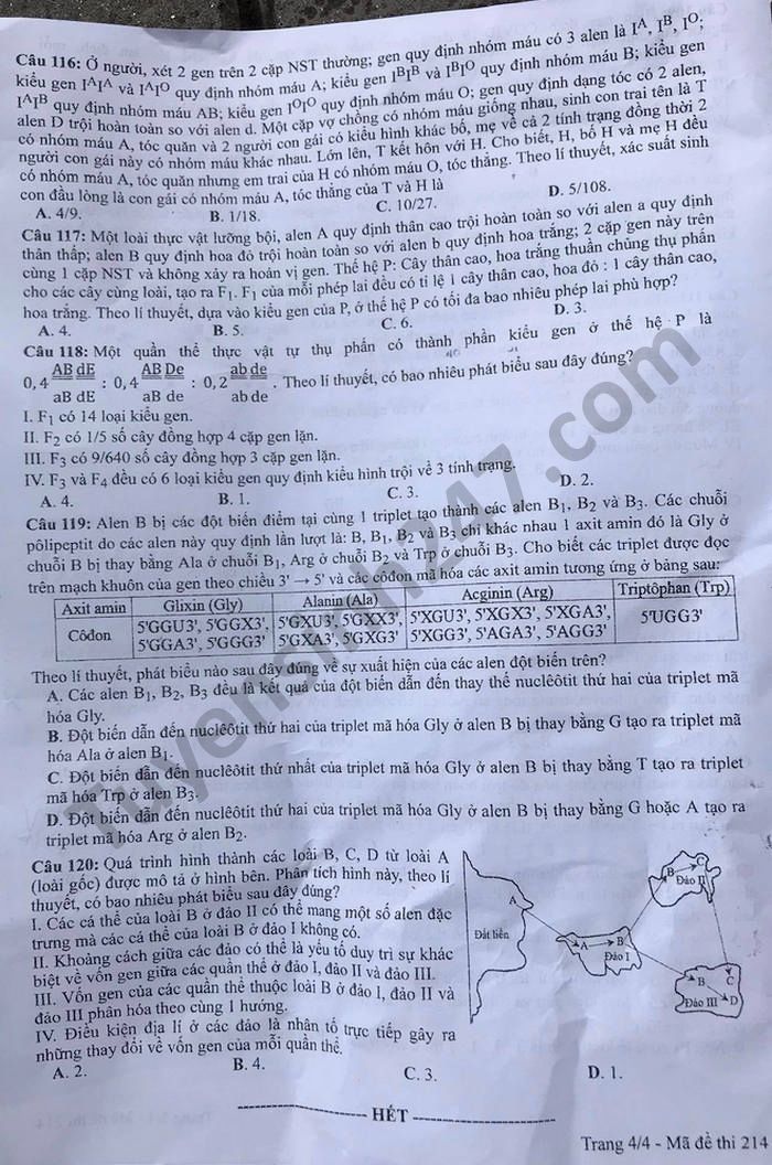 Dap an de thi tot nghiep THPT ma de 214 mon Sinh 2021