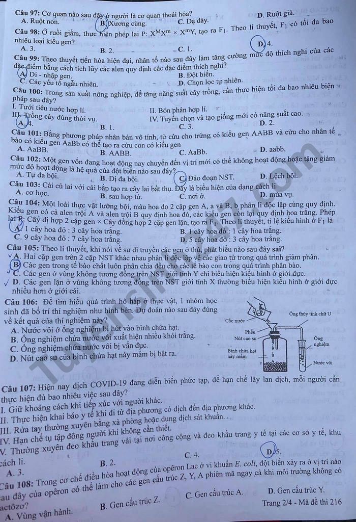 Dap an de thi tot nghiep THPT 2021 - ma de 216 mon Sinh