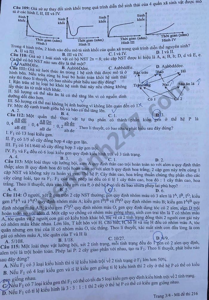 Dap an de thi tot nghiep THPT 2021 - ma de 216 mon Sinh