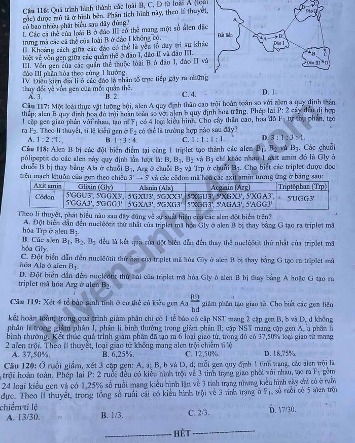 Dap an de thi tot nghiep THPT 2021 - ma de 216 mon Sinh