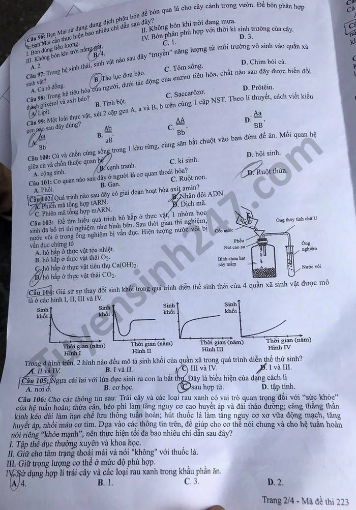 Dap an de thi mon Sinh - Ma de 223 tot nghiep THPT 2021