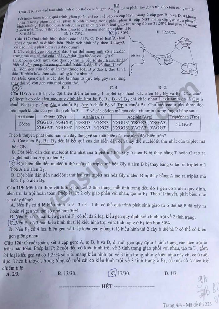 Dap an de thi mon Sinh - Ma de 223 tot nghiep THPT 2021
