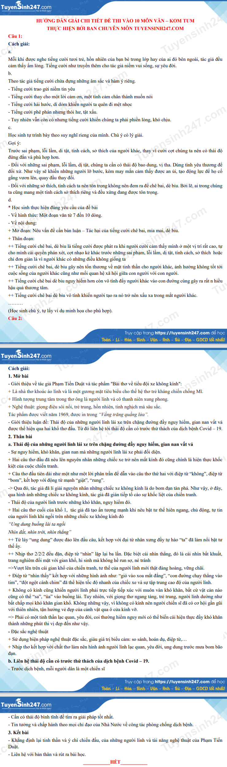 Dap an de thi vao lop 10 mon Van - tinh Kon Tum 2021