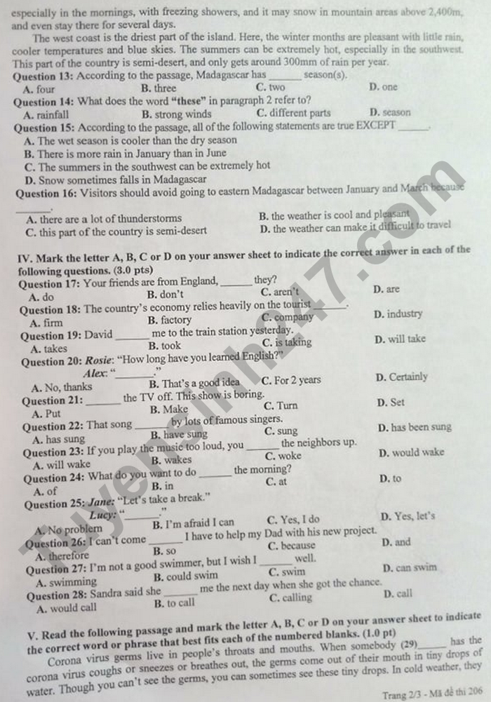 Dap an de thi vao lop 10 tinh Bac Giang nam 2021 - mon Anh