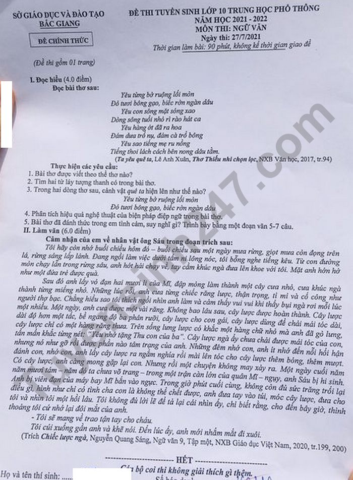 Dap an de thi vao lop 10 mon Van - tinh Bac Giang nam 2021