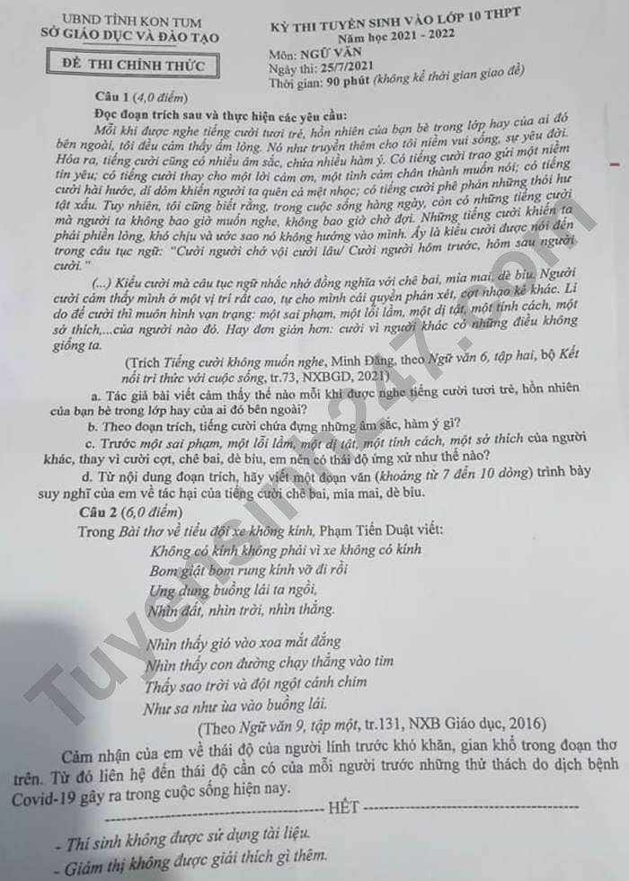 Dap an de thi vao lop 10 mon Van - tinh Kon Tum 2021