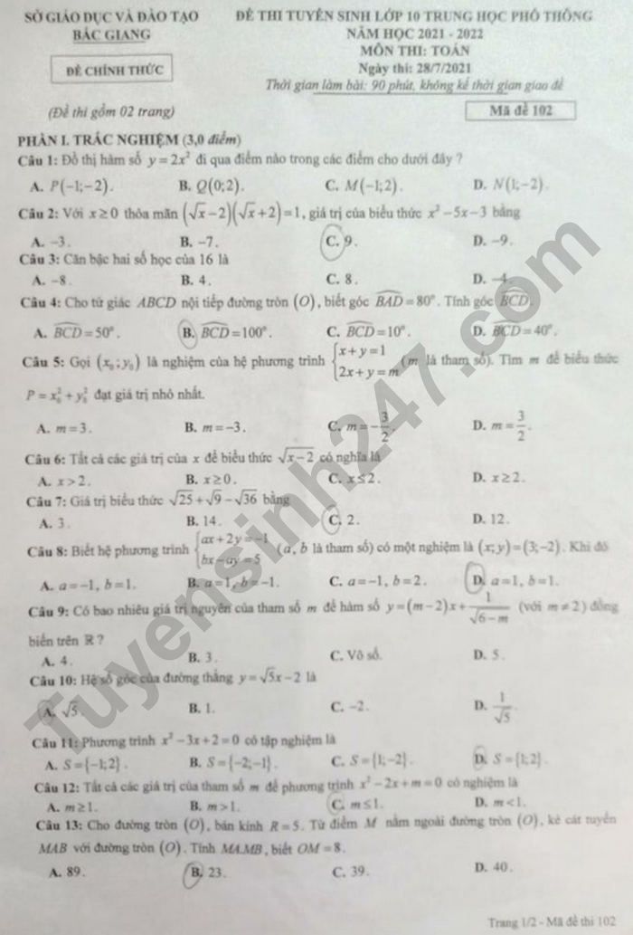 Dap an de thi vao lop 10 nam 2021 - tinh Bac Giang mon Toan