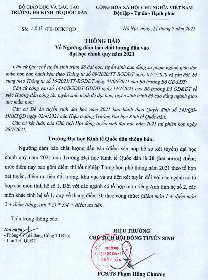 Dai hoc Kinh te quoc dan cong bo diem san xet tuyen 2021