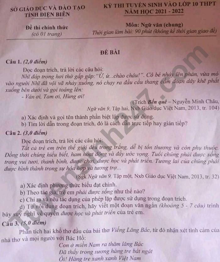 Dap an de thi vao lop 10 nam 2021 - tinh Dien Bien mon Van