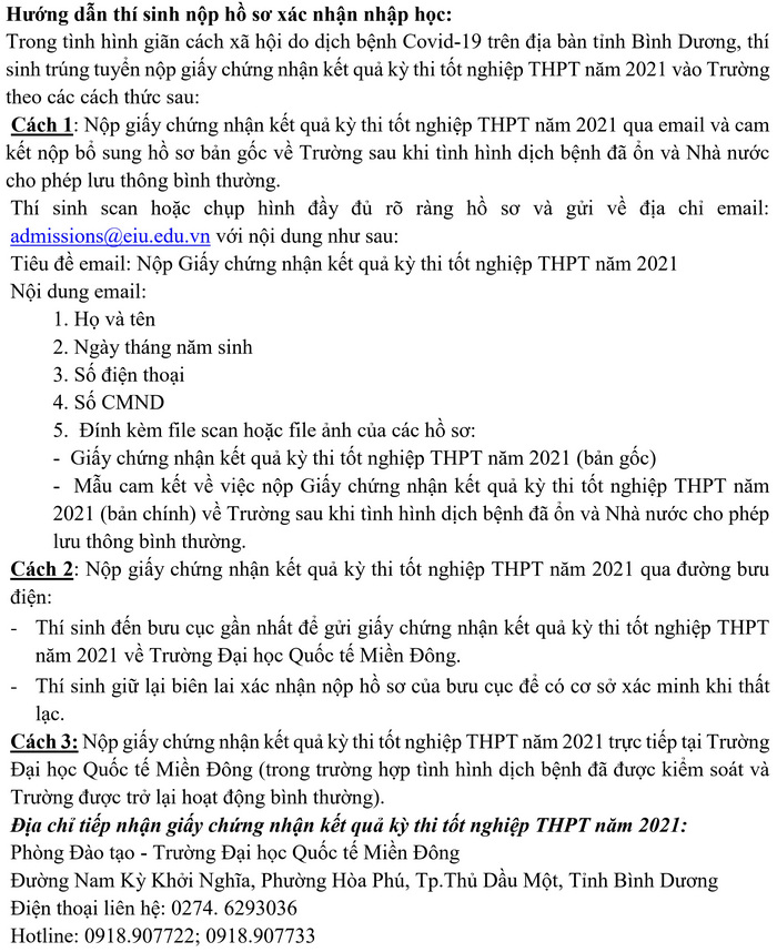 Diem xet tuyen Dai hoc Quoc te Mien Dong nam 2021
