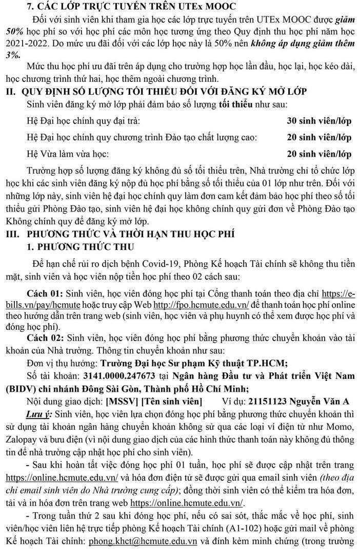 Hoc phi Dai Hoc Su Pham Ky Thuat TPHCM nam 2021 - 2022