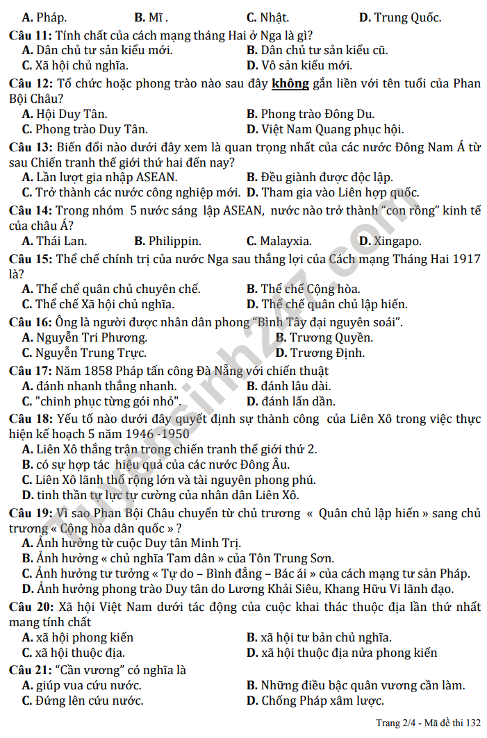 De KSCL dau nam lop 12 mon Su 2021 - THPT Ly Thuong Kiet