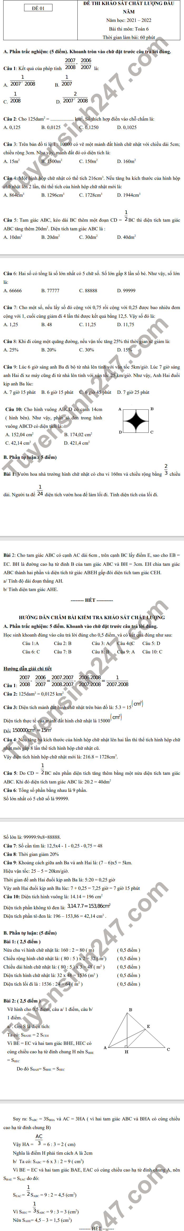 De khao sat chat luong dau nam 2021 mon Toan 6 - Co dap an