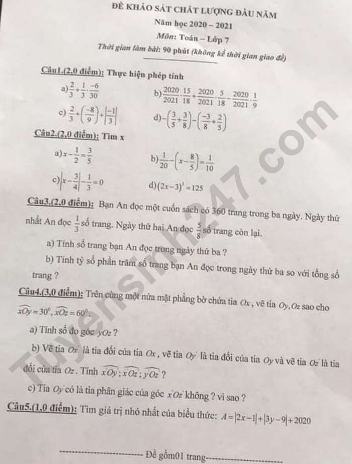 De khao sat chat luong dau nam 2021 lop 7 mon Toan - Huyen Yen Phong