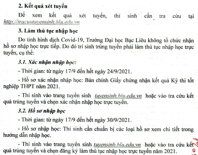 Da co diem chuan 2021 Dai hoc Bac Lieu