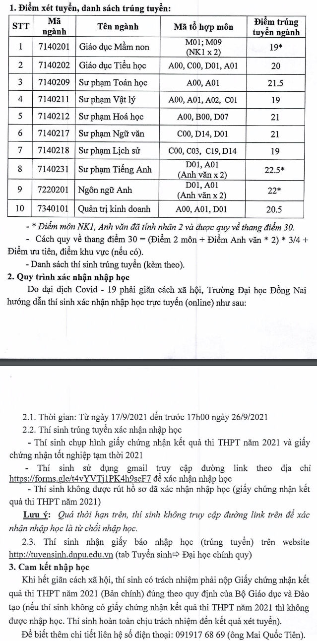 Diem chuan Dai hoc Dong Nai nam 2021