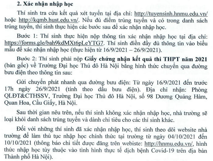 Diem chuan Dai hoc Thu Do Ha Noi nam 2021