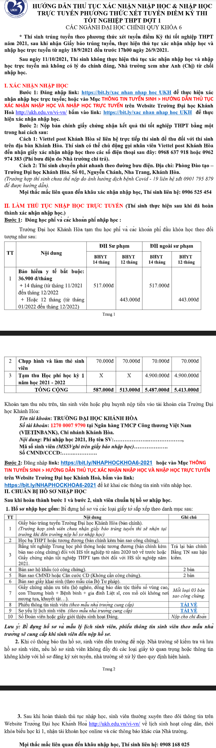 Ho so nhap hoc Dai hoc Khanh Hoa nam 2021