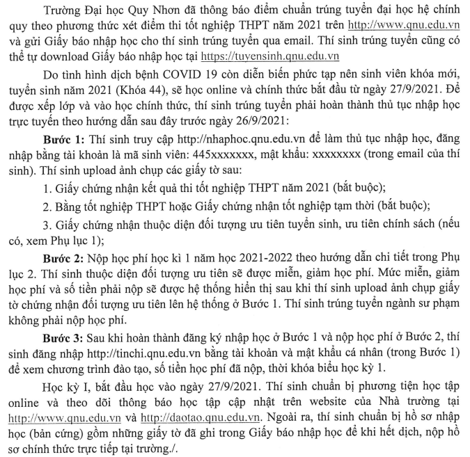 Dai hoc Quy Nhon huong dan nhap hoc nam 2021