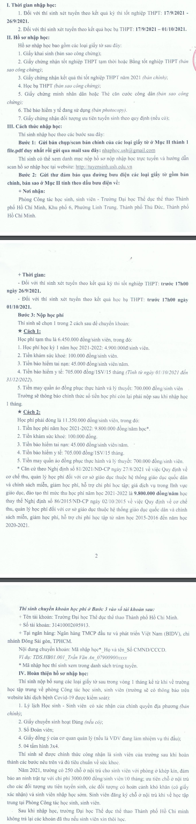 Dai hoc The duc the thao TPHCM huong dan nhap hoc 2021